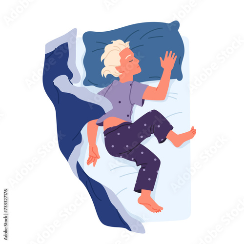 Boy in pajamas sleeping in kids bedroom, top view. Asleep little child lying on blue soft pillow with no blanket in home bed at night, sleepy toddler napping in cute pose cartoon vector illustration