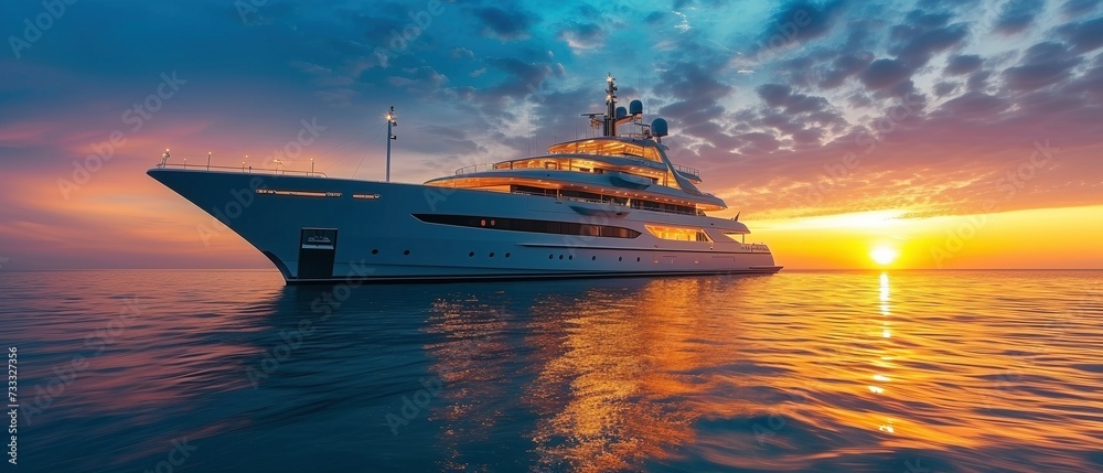 Luxury superyacht, megayacht at sunset - obrazy, fototapety, plakaty 