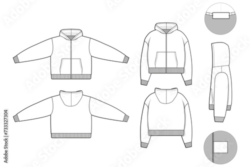 cropped oversized zip hoodie sweatshirt flat technical drawing illustration mock-up template for design and tech packs men or unisex fashion CAD streetwear oversized loose baggy