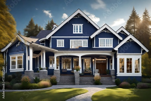 An elegant craftsman house with a deep navy blue exterior, complemented by white trim, standing proudly against a backdrop of rolling hills