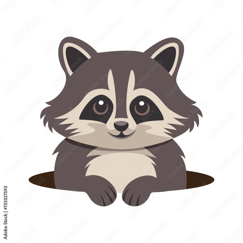 Illustration of a raccoon popping out of a hole on a white and transparent background. Flat