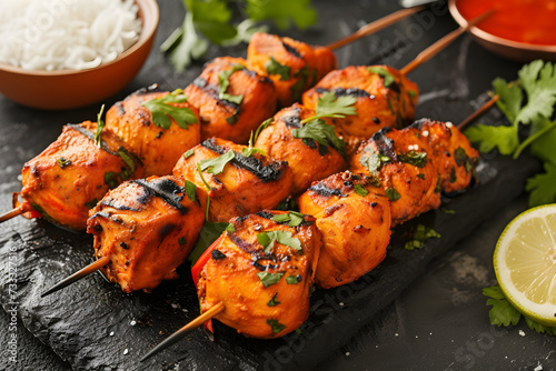 Indian chicken tikka and tandoori chicken kabab on skewers, a spicy and aromatic dish of traditional Indian cuisine photo