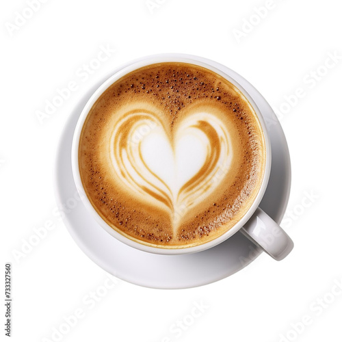 Cup of cappuccino or latte coffee with heart shape on transparent background