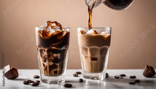 Two glasses of coffee with foam on top photo