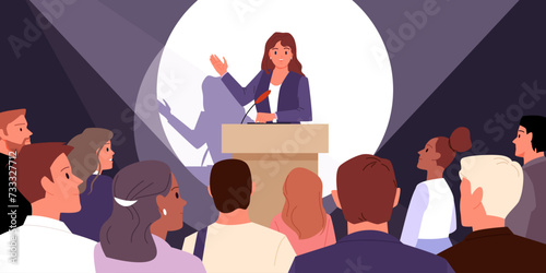 Public speech of female leader and politician on stage with microphone, lecture and talk from tribune of orator with hand up cartoon vector illustration. Woman speaker speaking from podium