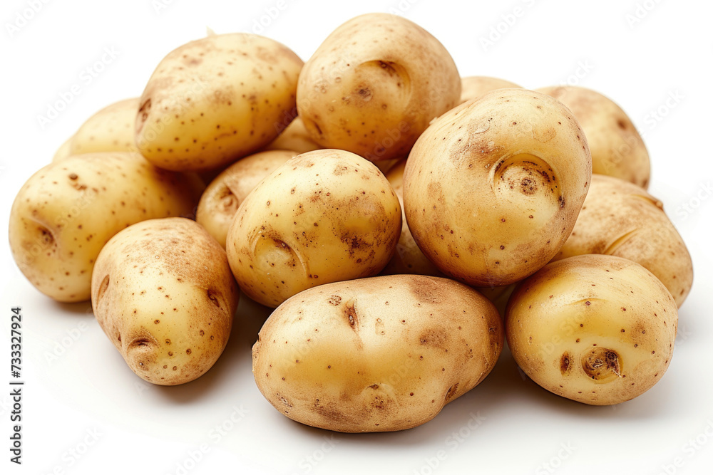 A pile of potatoes is arranged neatly on a plain white background. A pile of potatoes is arranged neatly on a plain white background.