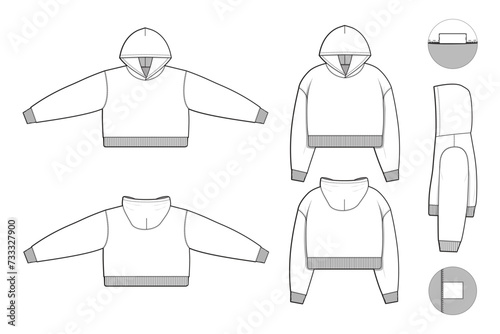 Cropped hoodie sweatshirt flat technical drawing illustration mock-up template for design and tech packs men or unisex fashion CAD streetwear oversized loose baggy