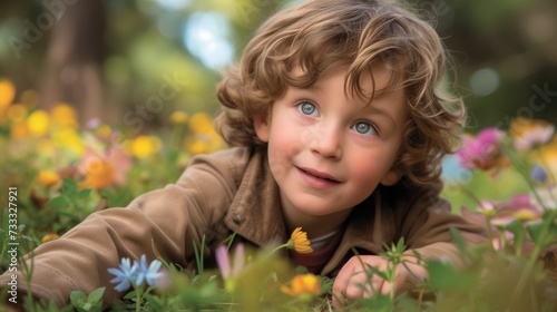 Young Boy Laying in Field of Flowers