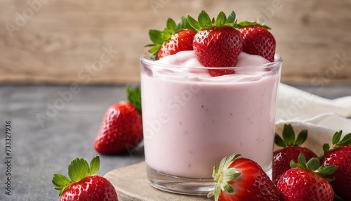 A glass of strawberry milkshake with strawberries on top