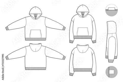 Oversized hoodie sweatshirt flat technical drawing illustration mock-up template for design and tech packs men or unisex fashion CAD streetwear oversized loose baggy