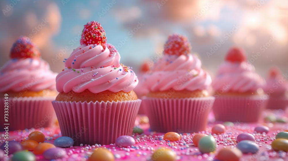 Whimsical Rainbow Cupcakes on a Rainbow Candy Land Fantasy background,generative ai