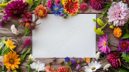 Letter paper encircled by a diverse mix of colorful flowers on a dark wood background