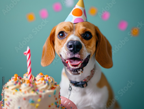 Best Birthday wishes from a cute beagle with party hat and birthday cake