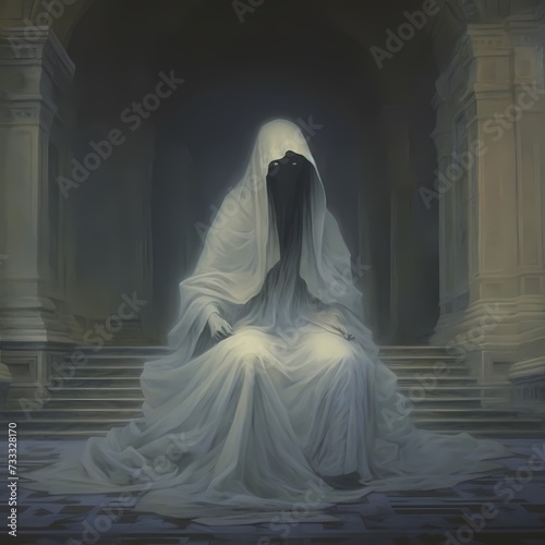 Mysterious Veiled Figure in Opulent Hallway Illuminated by Ambient Light