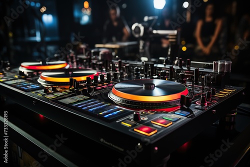 High-end DJ turntable setup with colorful lighting in a dark club