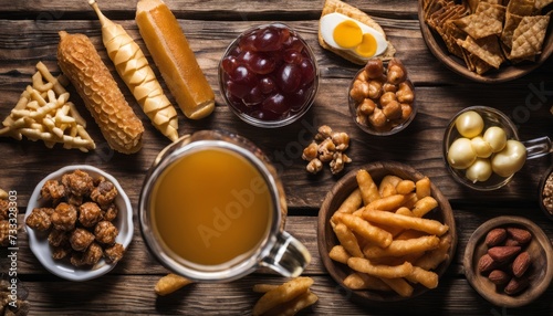 A wooden table with a variety of foods and drinks © vivekFx