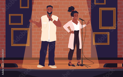 Comedy standup show with male and female comedians. Two talent artists standing on theater stage in spotlight with brick wall, people holding microphones for jokes contest cartoon vector illustration