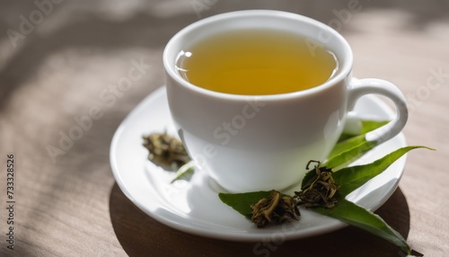 A white cup of tea with leaves on the saucer