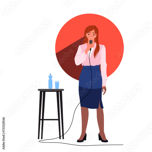 Comedy standup show with elegant female comedian on theater stage in spotlight red circle. Young woman standing with microphone to tell modern comic story to audience cartoon vector illustration