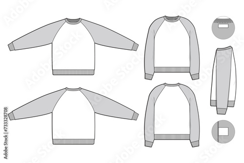 Pullover raglan crewneck sweatshirt flat technical drawing illustration mock-up template for design and tech packs men or unisex fashion CAD streetwear regular fit