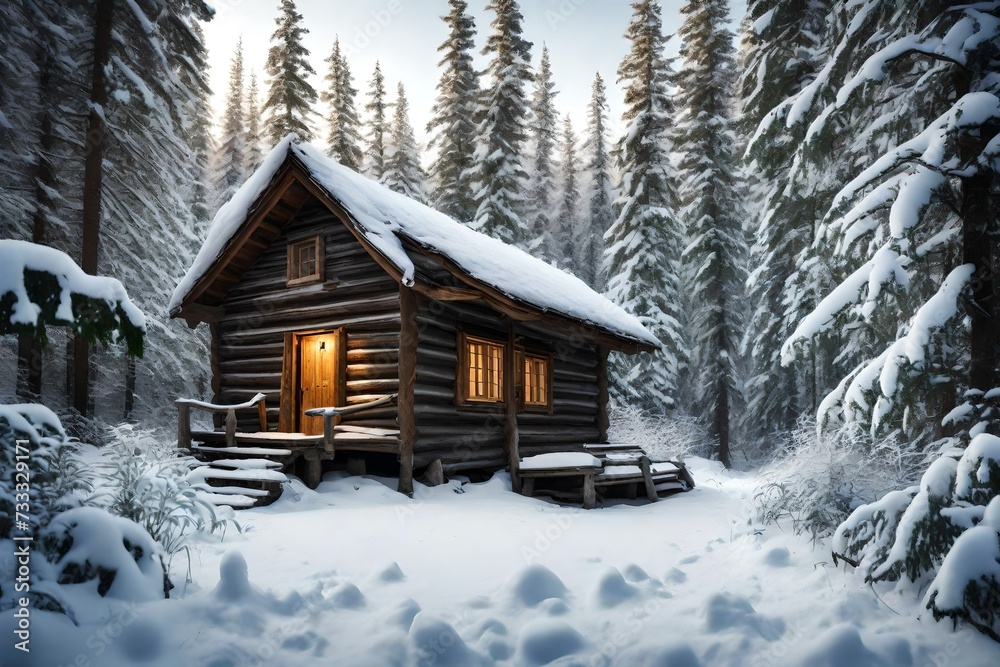 Cabin in Snow Covered Forest