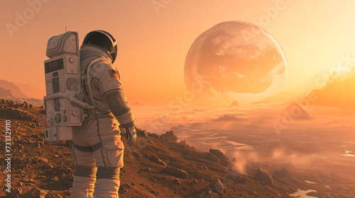 Astronaut Surveying a Rocky Alien Landscape with a Distant Planet in the Sky