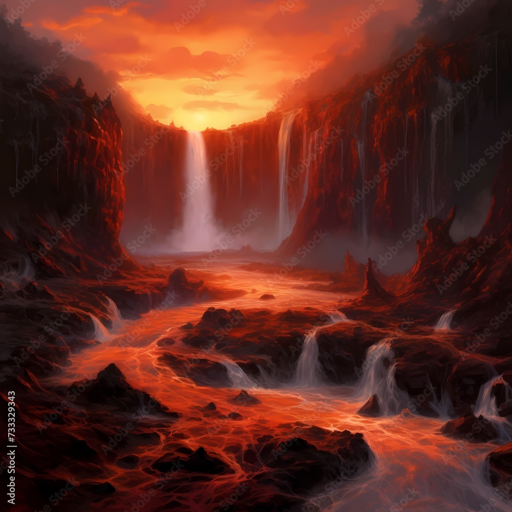 Majestic Lava Waterfall Scenery with Sunset Glow