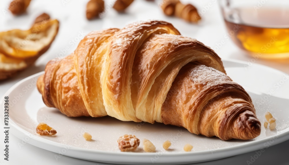 A croissant pastry on a white plate with nuts and a glass of honey