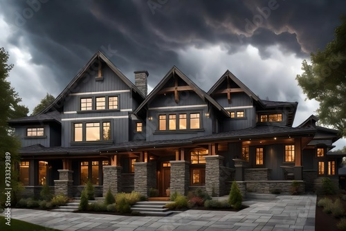 A craftsman-style house showcasing a rich charcoal gray exterior, set against a dramatic stormy sky with flashes of lightning.