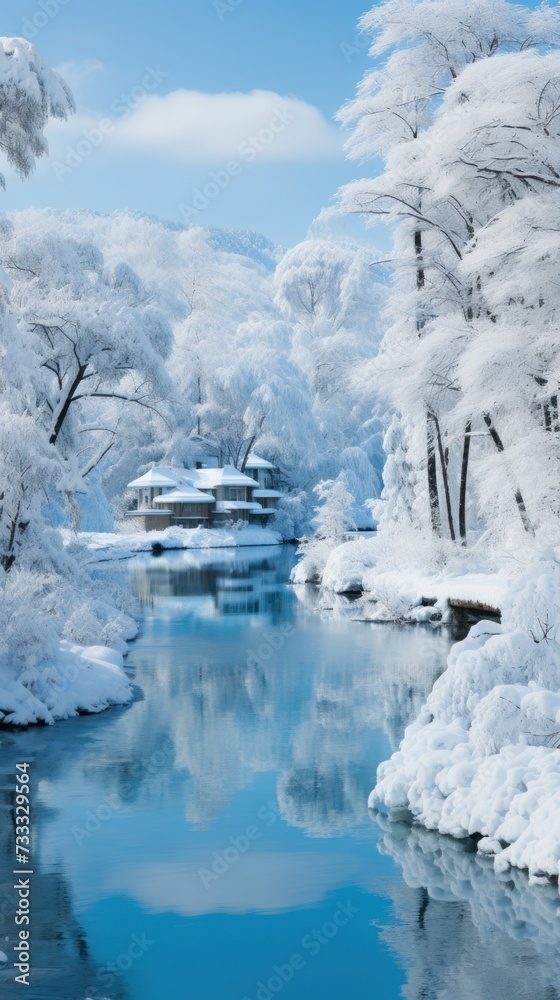 Snowy winter scene with a house reflected in a calm river