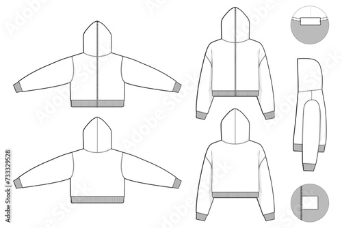 full zip raglan hoodie sweatshirt flat technical drawing illustration mock-up template for design and tech packs men or unisex fashion CAD streetwear cropped regular fit