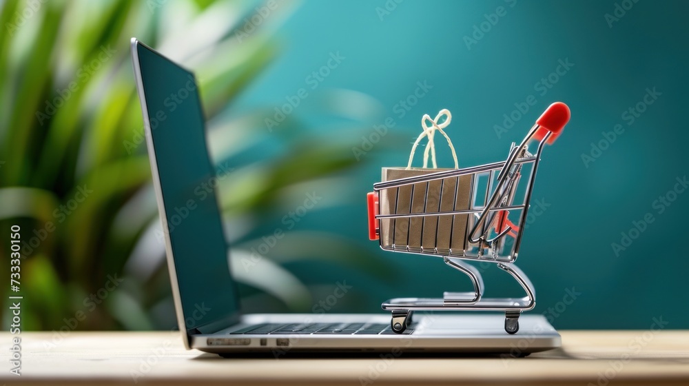 Shopping online concept - Parcel or Paper cartons with a shopping cart logo in a trolley on a laptop keyboard.