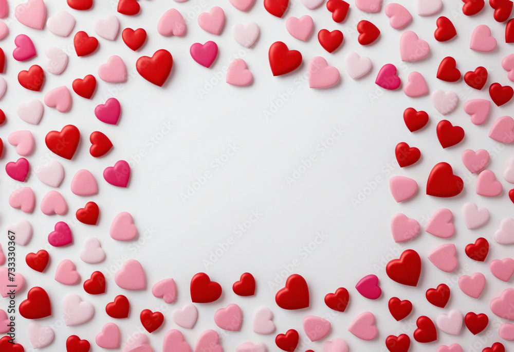 Valentine's day background with red and pink hearts isolated on white background, flat lay, top view
