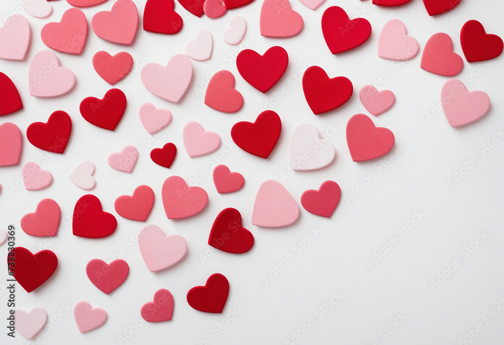 Valentine's day background with red and pink hearts isolated on white background, flat lay, top view