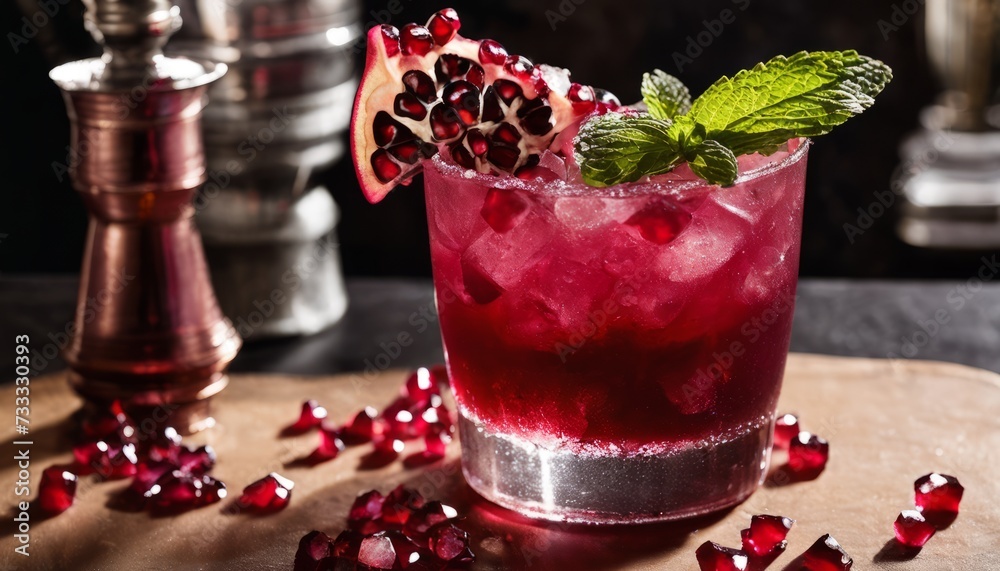 A glass of red liquid with a slice of lemon and a sprig of mint