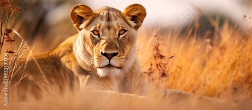 A lioness stalking through the tall grass, with only her piercing eyes visible capturing the lion's stealth and hunting prowess staring at sunset beauty. photo