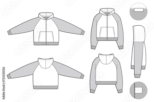 cropped zip raglan hoodie sweatshirt flat technical drawing illustration mock-up template for design and tech packs men or unisex fashion CAD streetwear regular fit
