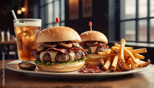 Set of hamburger beer and french fries. A standard set of drinks and food in the pub  beer and snacks. Dark background  fast food. Traditional american food