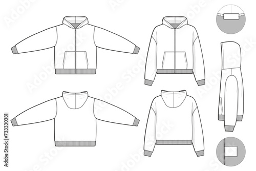 cropped zip hoodie sweatshirt flat technical drawing illustration mock-up template for design and tech packs men or unisex fashion CAD streetwear regular fit