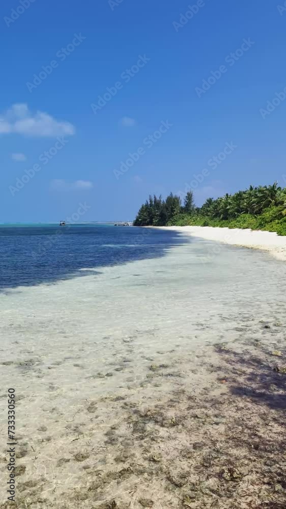 Vertical shot of a dreamlike sandy beach of the Maldives with the turquoise blue Indian Ocean. Vertical shot of a dreamlike sandy beach of the Maldives with the turquoise blue Indian Ocean.