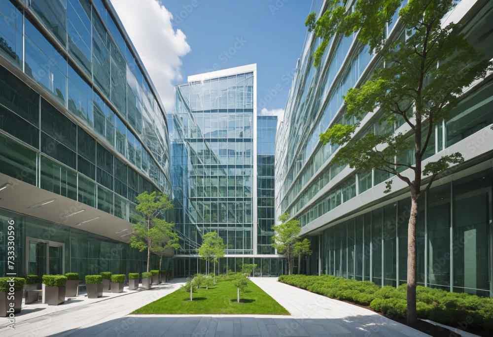 Eco-friendly building in the modern city. Sustainable glass office building with tree for reducing heat and carbon dioxide. Office building with green environment. Corporate building reduce CO2. Eco-friendly building in the modern city. Sustainable glass office building with tree for reducing heat and carbon dioxide. Office building with green environment. Corporate building reduce CO2.