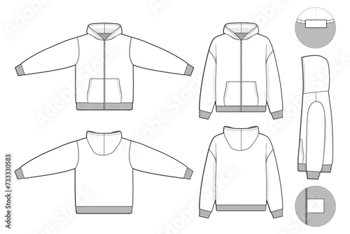 zip hoodie sweatshirt flat technical drawing illustration mock-up template for design and tech packs men or unisex fashion CAD streetwear regular fit