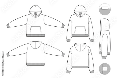 zip raglan hoodie sweatshirt flat technical drawing illustration mock-up template for design and tech packs men or unisex fashion CAD streetwear regular fit