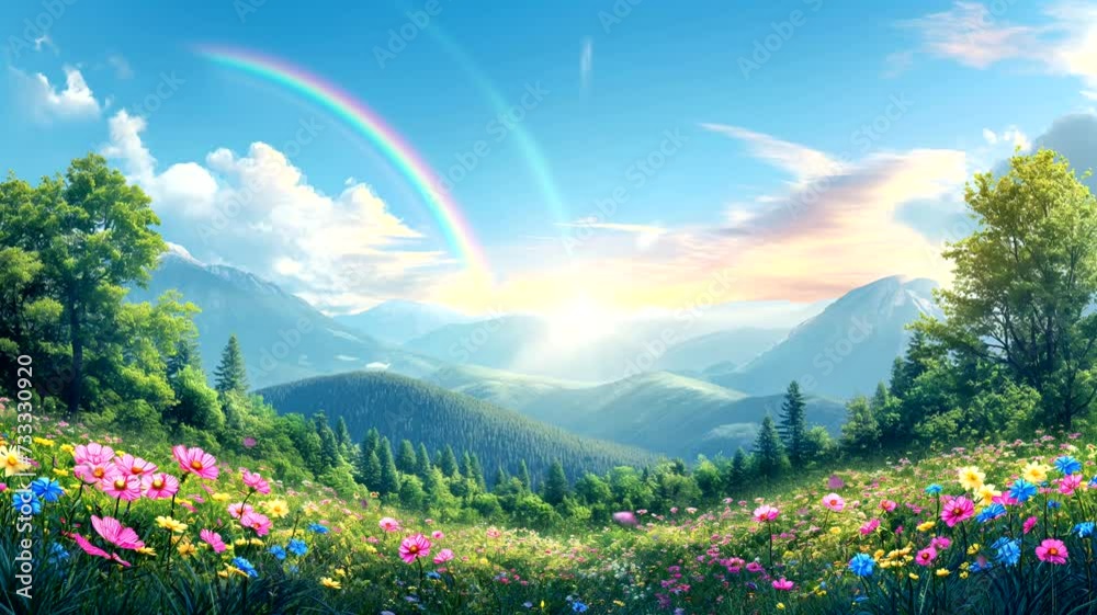 Landscape with flowers on clouds sky with rainbow backgrounds. Seamless looping time-lapse 4k video animation background