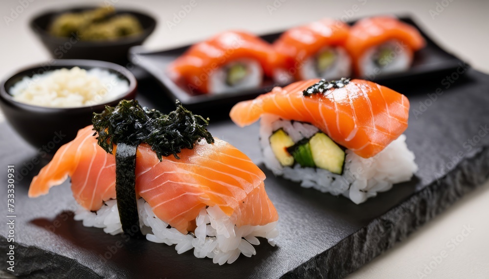 A plate of sushi with rice and fish A plate of sushi with rice and fish