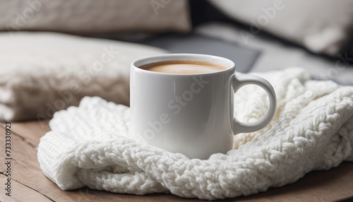 A white coffee cup on a wooden table with a white blanket