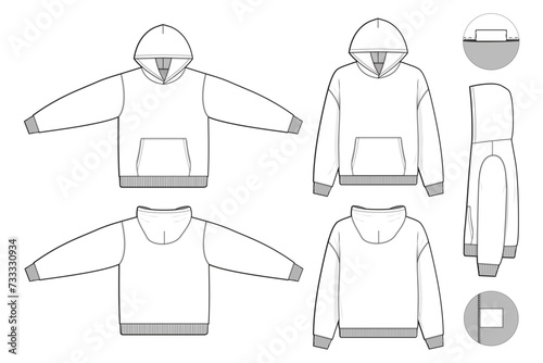 zip raglan hoodie sweatshirt flat technical drawing illustration mock-up template for design and tech packs men or unisex fashion CAD streetwear regular fit