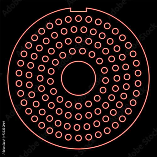 Neon grate for meat grinder plate mincer device for growing shallow of meat lattice sieve red color vector illustration image flat style