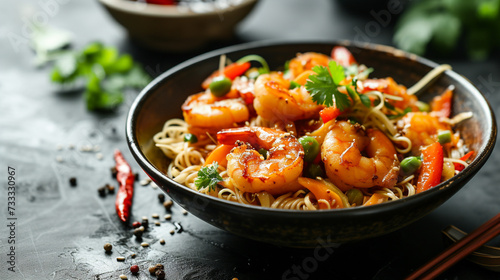 Food illustration, Chinese Wog with fried king prawns, thin noodles, and spices. Menu for a restaurant. Unusual background. Homemade food. Looks beautiful and very tasty.