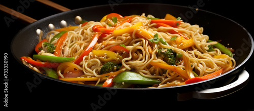 Quick and healthy vegetable and Savory Noodles stir fry Cuisine dish food is a great way to get your daily dose of vitamin vegetable plate with broccoli, onion, carrot, and scallion.